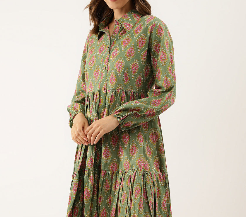 Green Paisley Printed Cotton Dress for Women