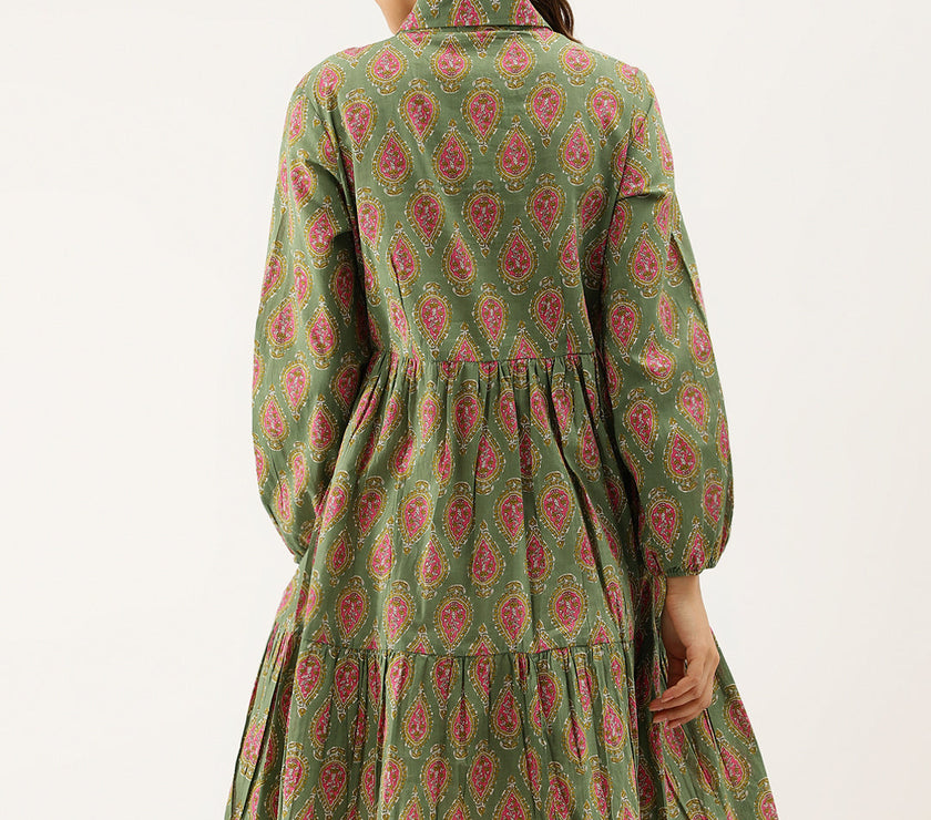 Green Paisley Printed Cotton Dress for Women