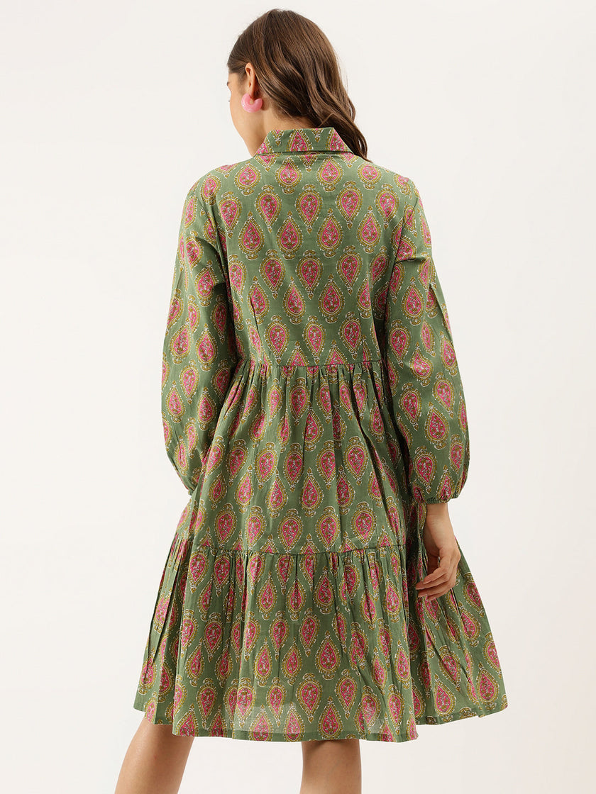 Green Paisley Printed Cotton Dress for Women