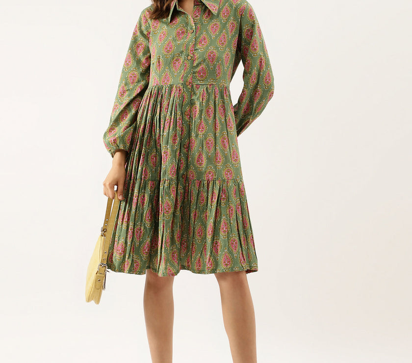 Green Paisley Printed Cotton Dress for Women