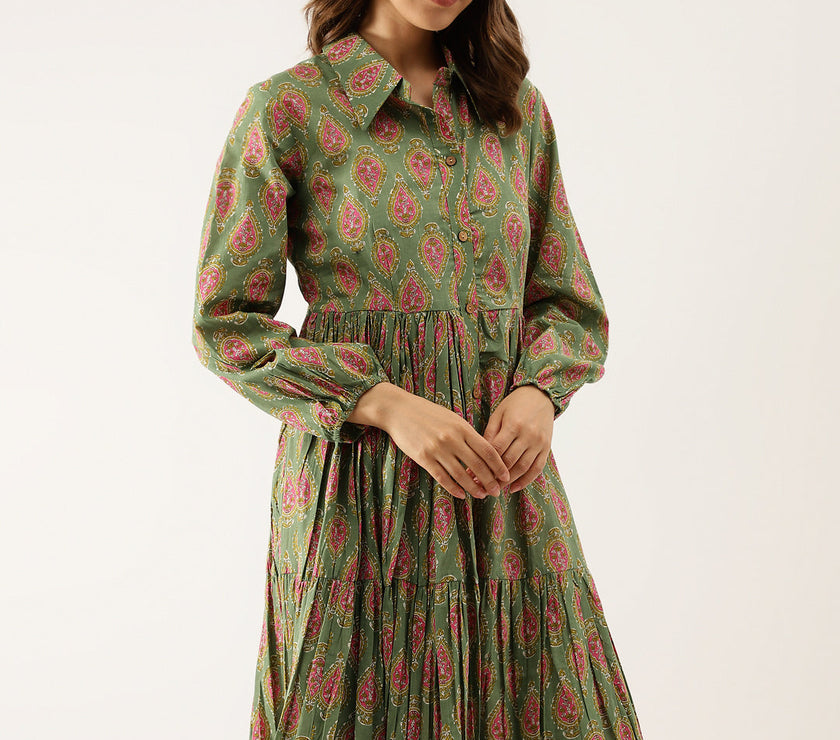 Green Paisley Printed Cotton Dress for Women