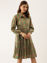 Green Paisley Printed Cotton Dress for Women