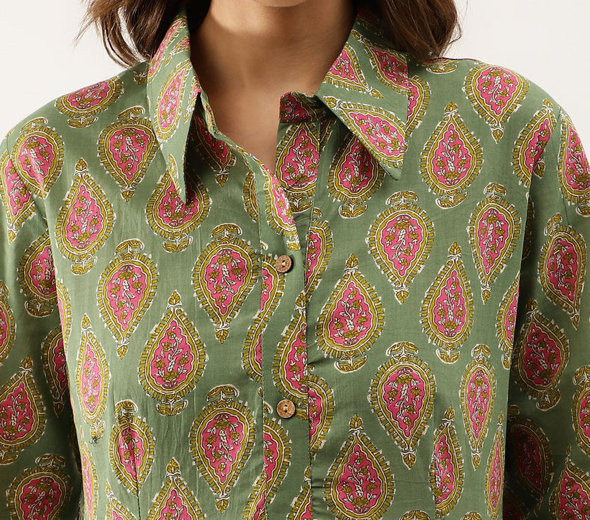 Green Paisley Printed Cotton Dress for Women