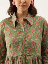 Green Paisley Printed Cotton Dress for Women