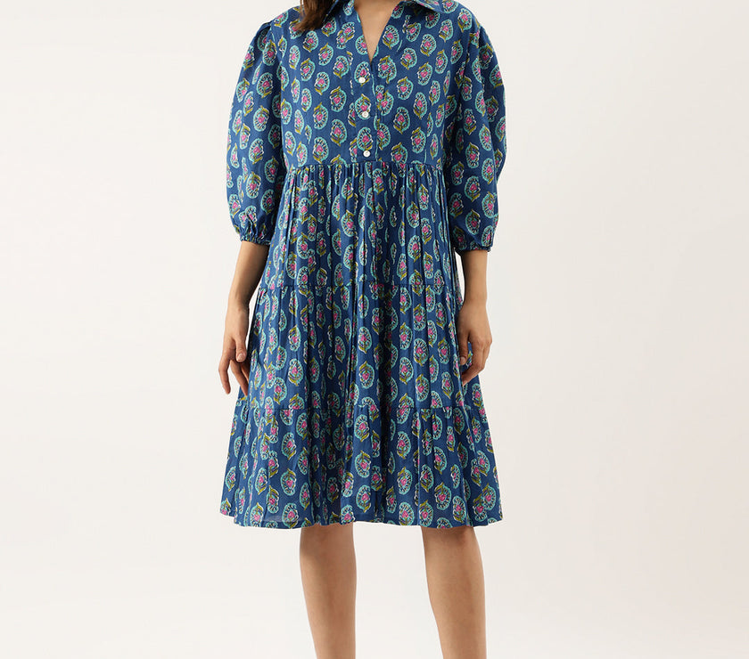 Divena Blue Paisley Printed Cotton Dress for Women