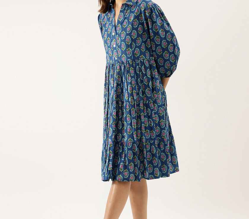 Divena Blue Paisley Printed Cotton Dress for Women