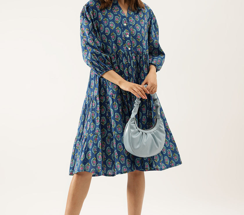 Divena Blue Paisley Printed Cotton Dress for Women