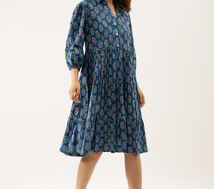 Divena Blue Paisley Printed Cotton Dress for Women