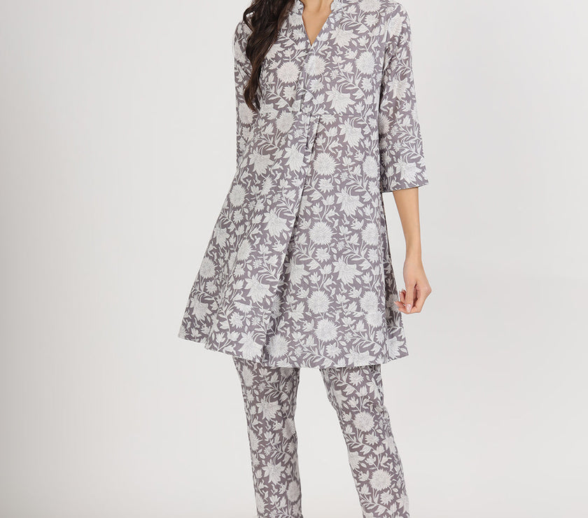 Divena Grey Floral Printed Cotton Co ord Set