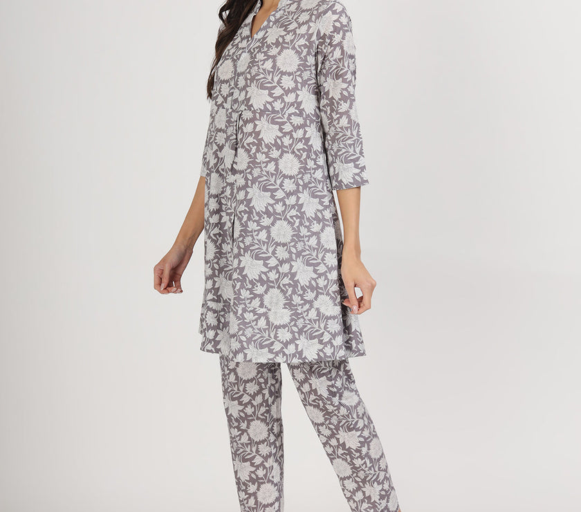 Divena Grey Floral Printed Cotton Co ord Set