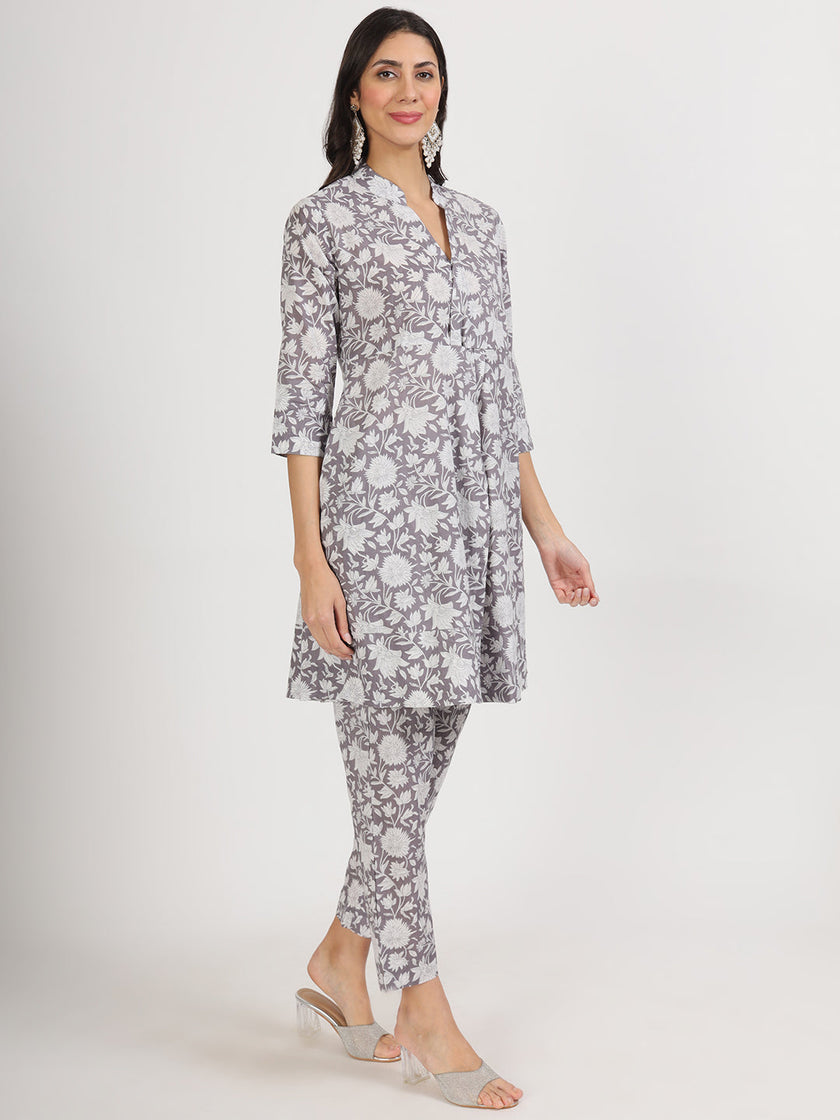 Divena Grey Floral Printed Cotton Co ord Set