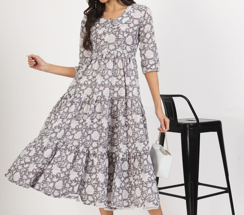 Divena Grey Floral Printed Cotton Dress