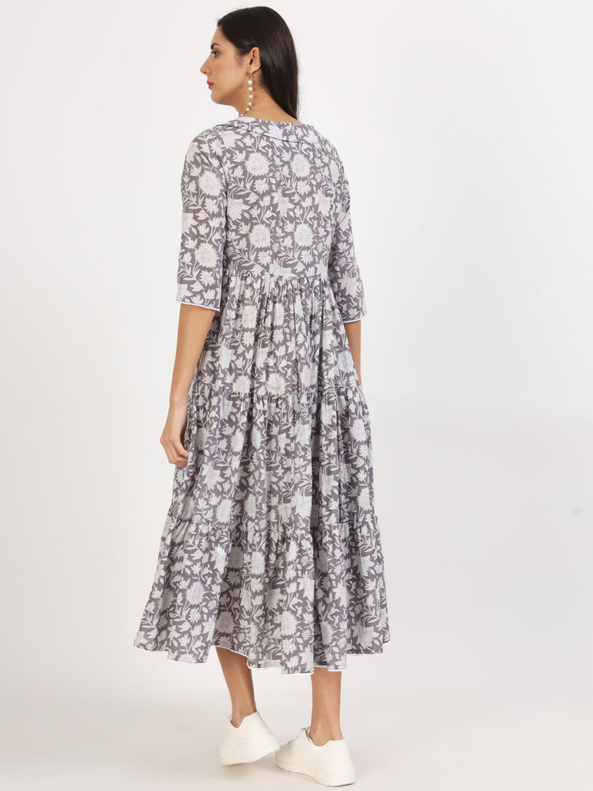 Divena Grey Floral Printed Cotton Dress