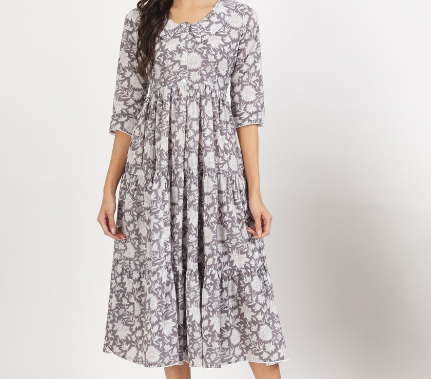 Divena Grey Floral Printed Cotton Dress