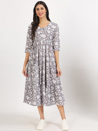 Divena Grey Floral Printed Cotton Dress