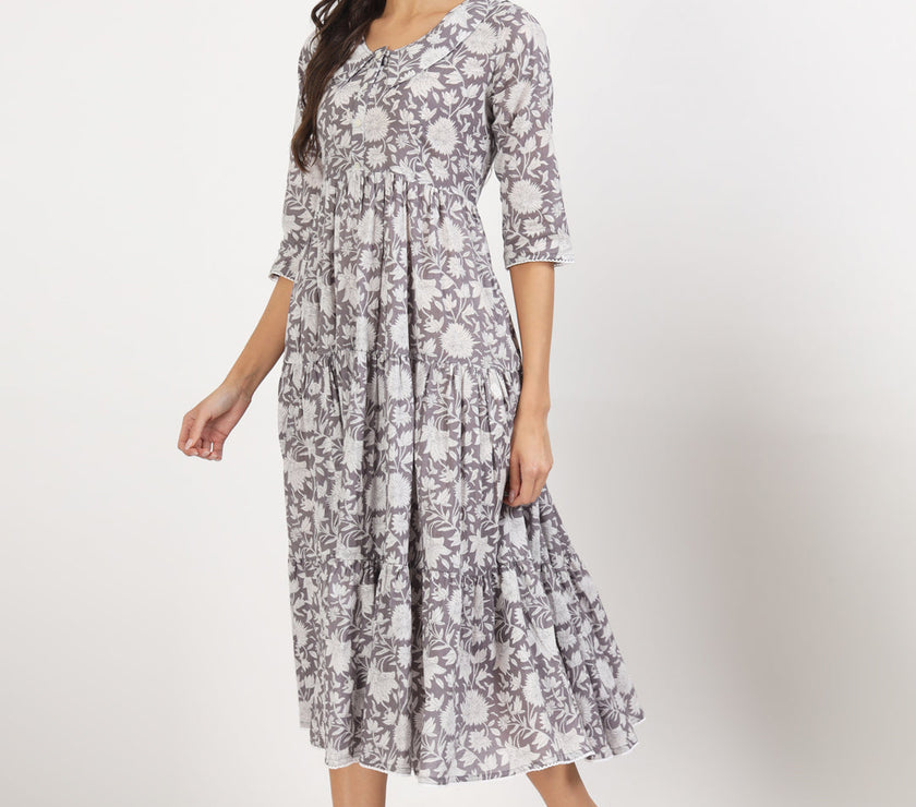 Divena Grey Floral Printed Cotton Dress