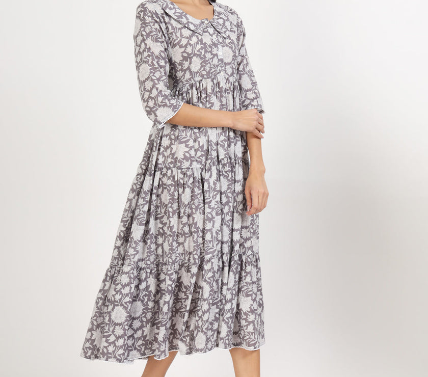 Divena Grey Floral Printed Cotton Dress