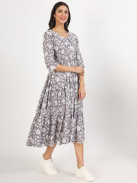 Divena Grey Floral Printed Cotton Dress