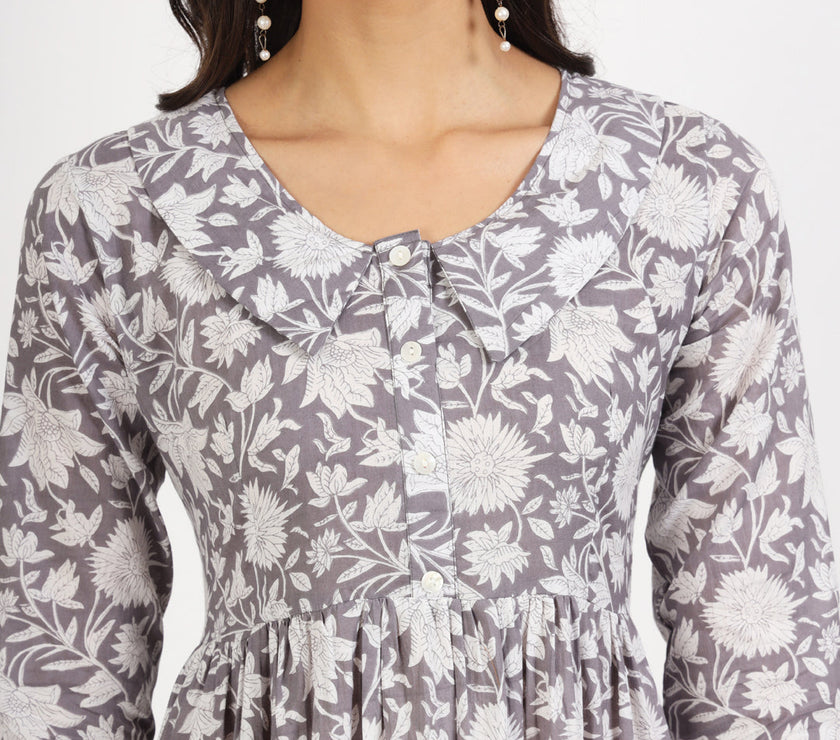 Divena Grey Floral Printed Cotton Dress