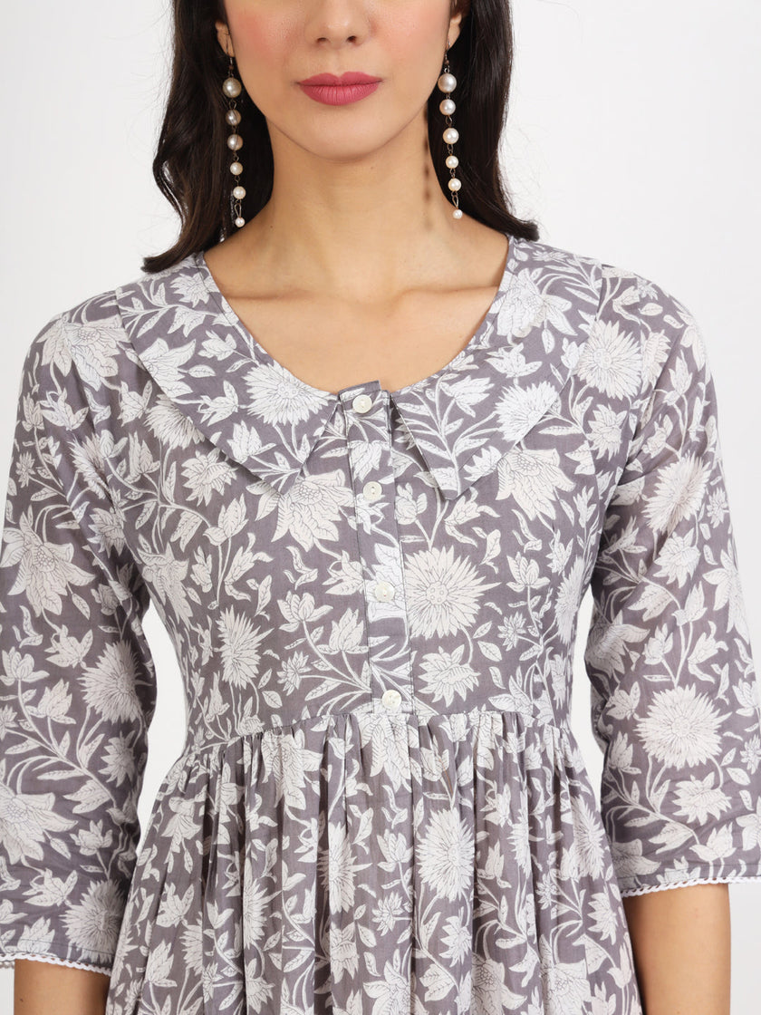 Divena Grey Floral Printed Cotton Dress