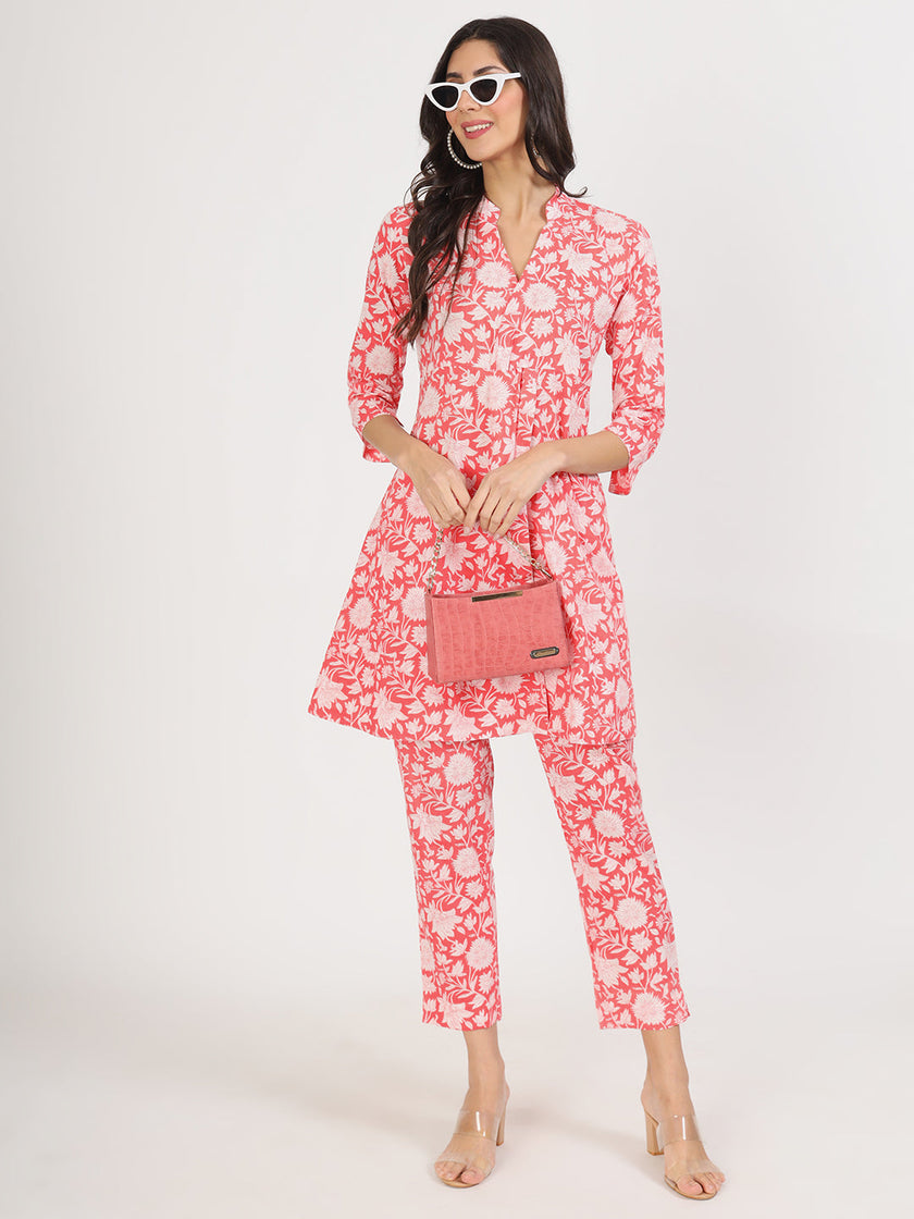 Divena Pink Floral Printed Cotton Kurta with Herem Pant Co ord Set