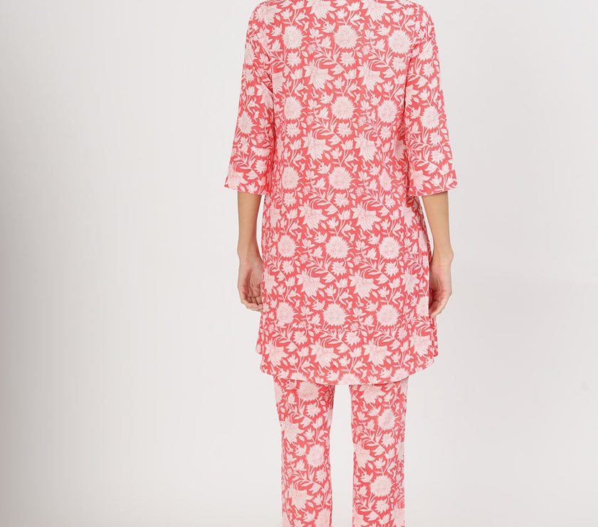 Divena Pink Floral Printed Cotton Kurta with Herem Pant Co ord Set