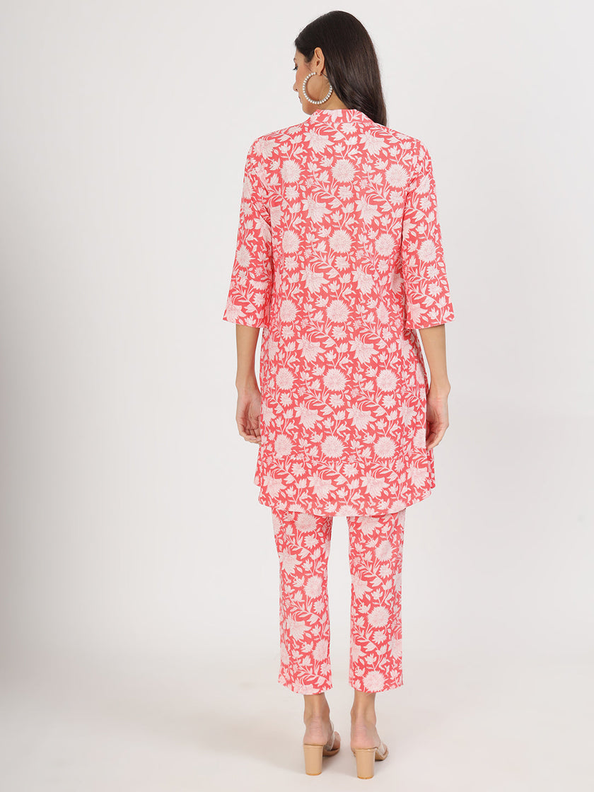 Divena Pink Floral Printed Cotton Kurta with Herem Pant Co ord Set