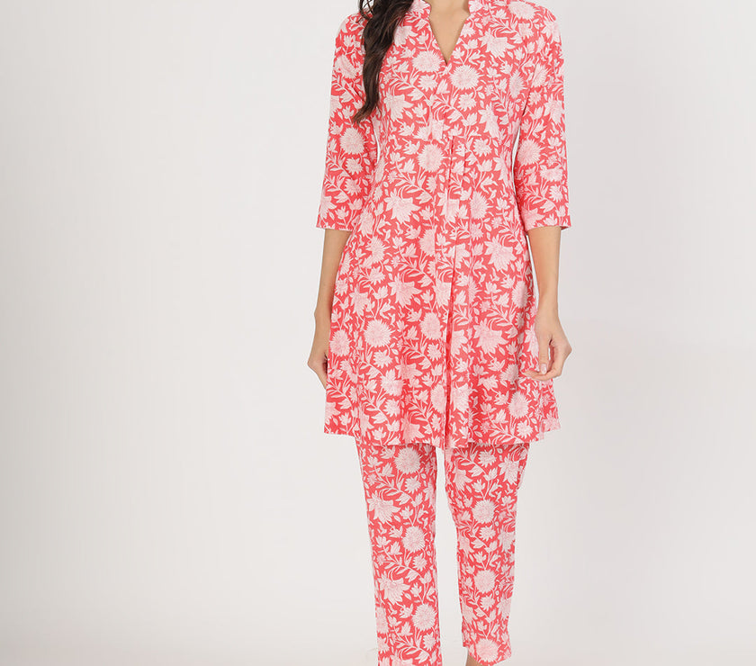 Divena Pink Floral Printed Cotton Kurta with Herem Pant Co ord Set