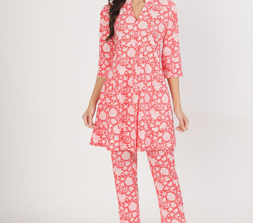 Divena Pink Floral Printed Cotton Kurta with Herem Pant Co ord Set