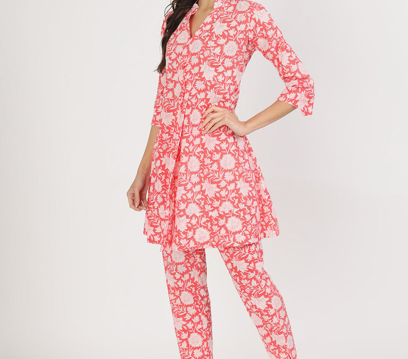 Divena Pink Floral Printed Cotton Kurta with Herem Pant Co ord Set