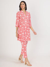 Divena Pink Floral Printed Cotton Kurta with Herem Pant Co ord Set