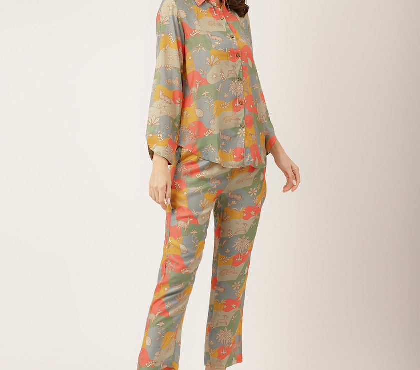 Divena Multi Color Quirky Print Muslin Co-ord Set