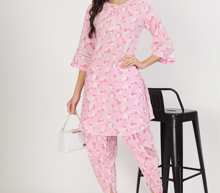 Divena Pink Floral Printed Cotton Kurta with Dhoti Co-Ord Set