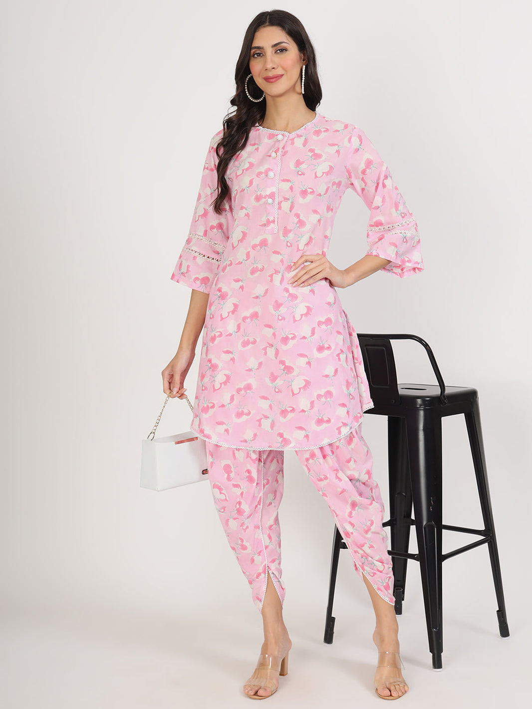 Divena Pink Floral Printed Cotton Kurta with Dhoti Co-Ord Set