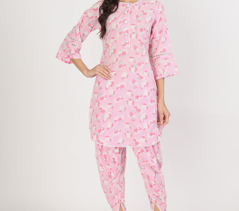 Divena Pink Floral Printed Cotton Kurta with Dhoti Co-Ord Set