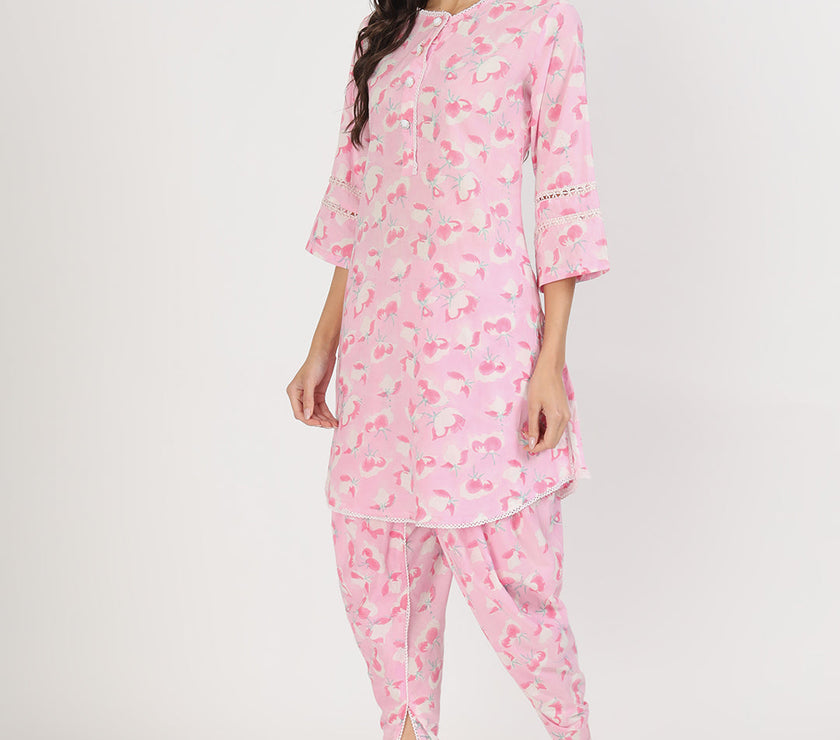 Divena Pink Floral Printed Cotton Kurta with Dhoti Co-Ord Set