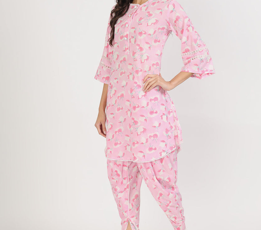 Divena Pink Floral Printed Cotton Kurta with Dhoti Co-Ord Set