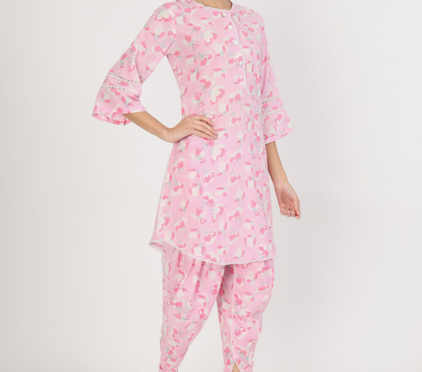 Divena Pink Floral Printed Cotton Kurta with Dhoti Co-Ord Set