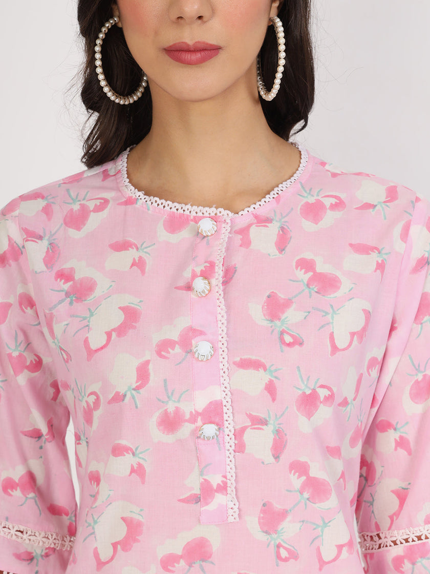 Divena Pink Floral Printed Cotton Kurta with Dhoti Co-Ord Set