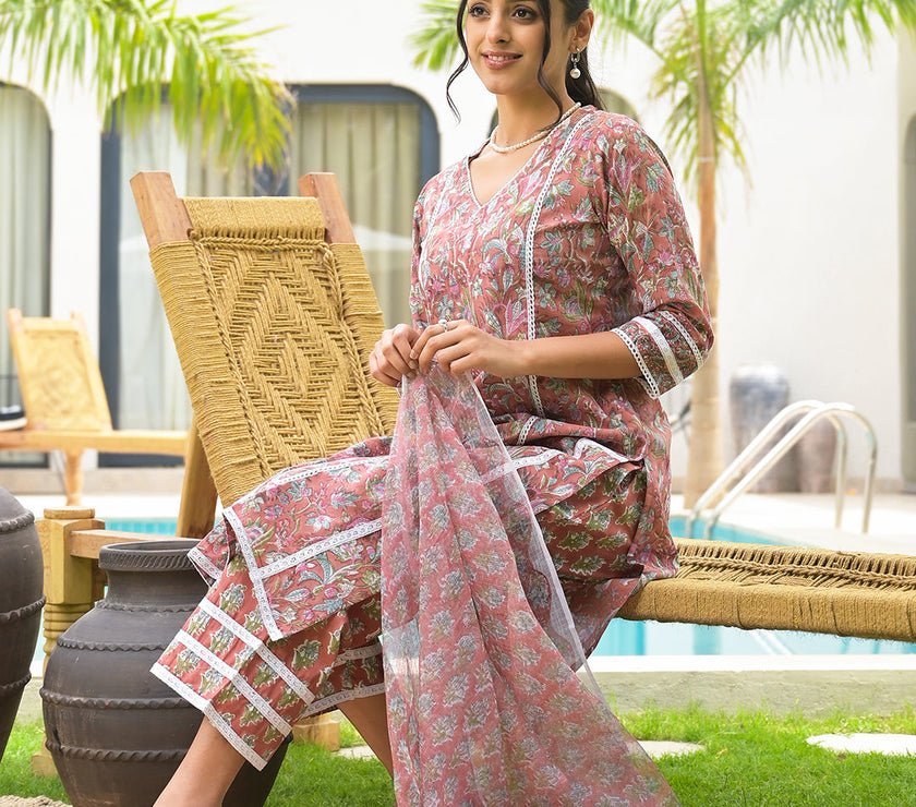 Divena Maroon Floral Print Cotton Handblock Kurta Set for Women