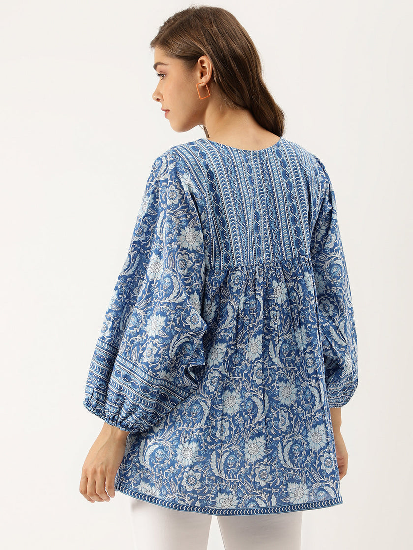 Divena Blue  Printed Cotton Peplum top