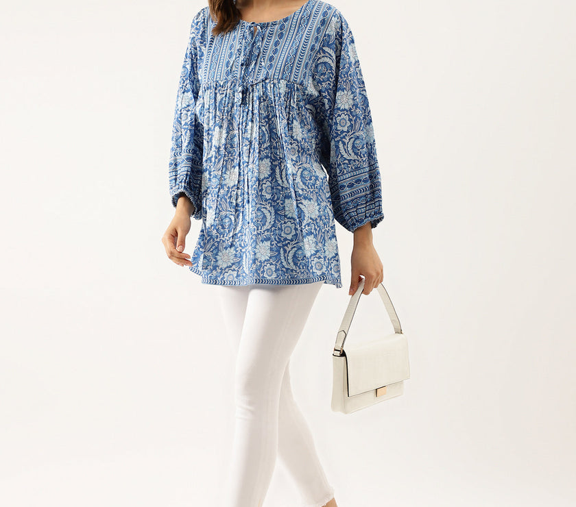 Divena Blue  Printed Cotton Peplum top