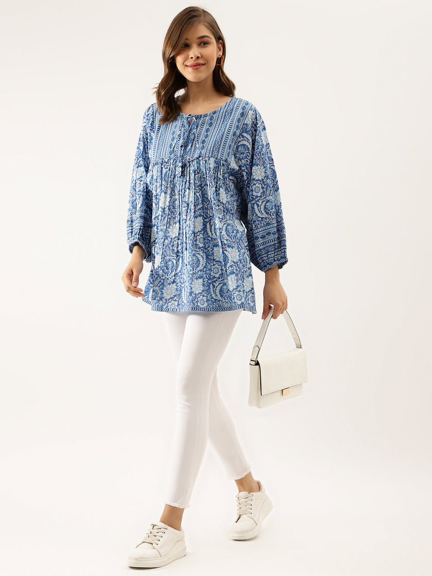 Divena Blue  Printed Cotton Peplum top