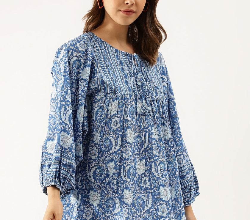 Divena Blue  Printed Cotton Peplum top