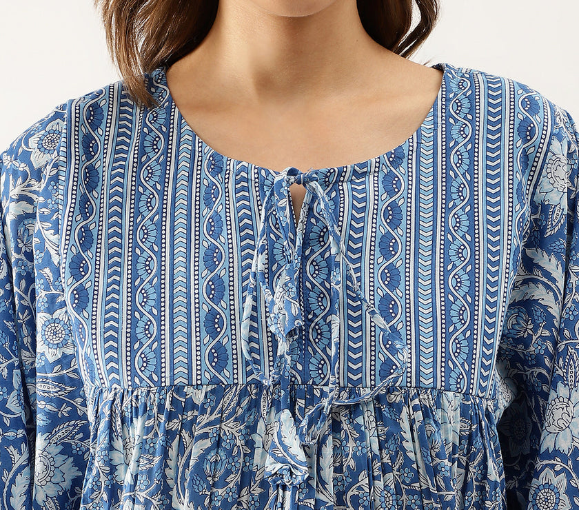 Divena Blue  Printed Cotton Peplum top