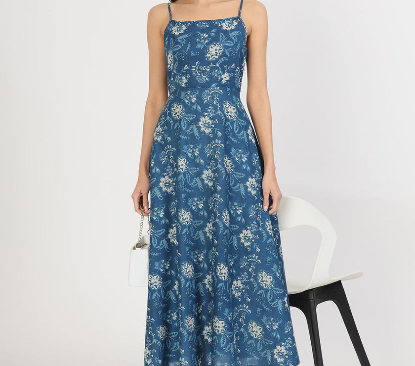 Divena Indigo Blue Cotton Long Dress for Women