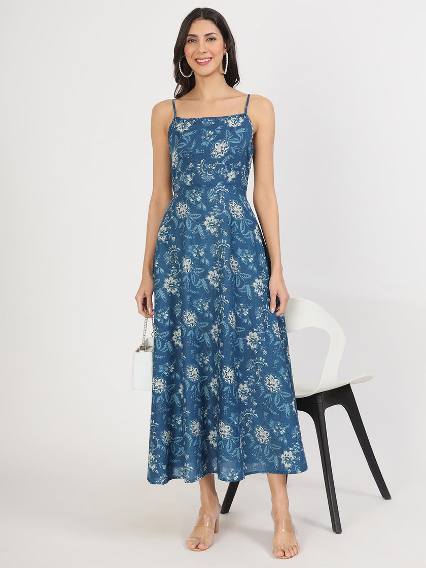 Divena Indigo Blue Cotton Long Dress for Women