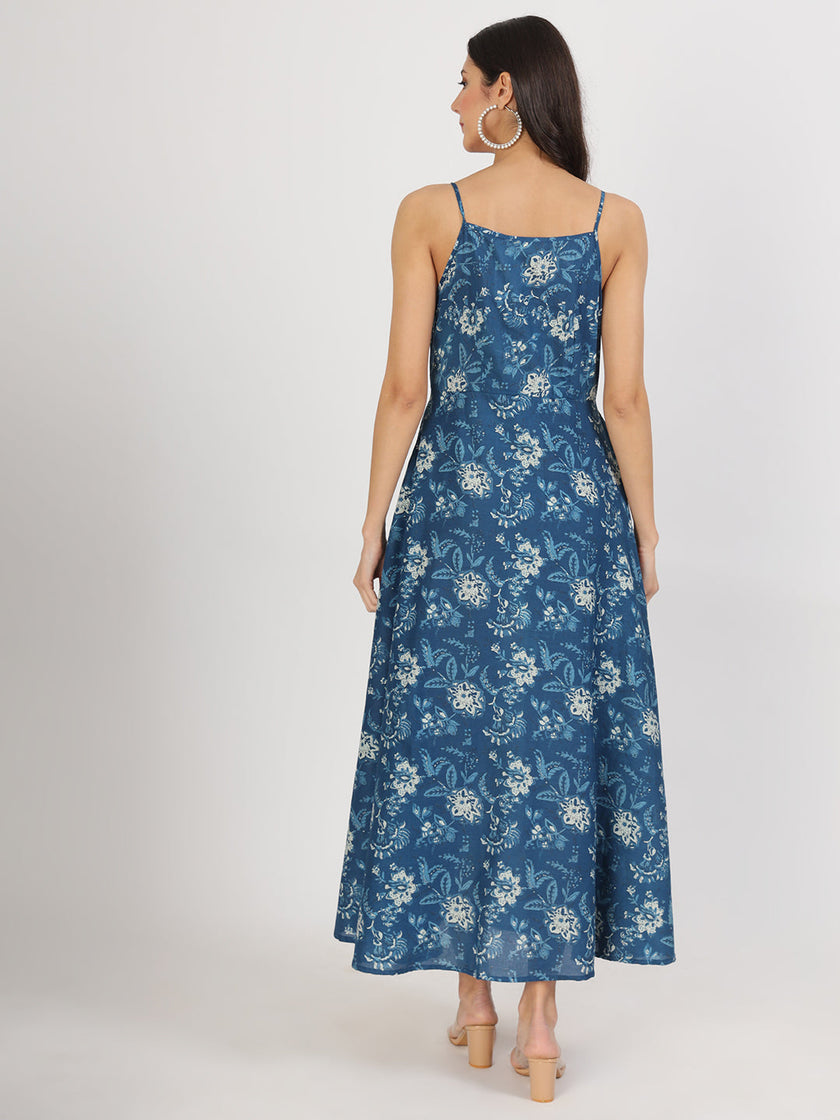 Divena Indigo Blue Cotton Long Dress for Women