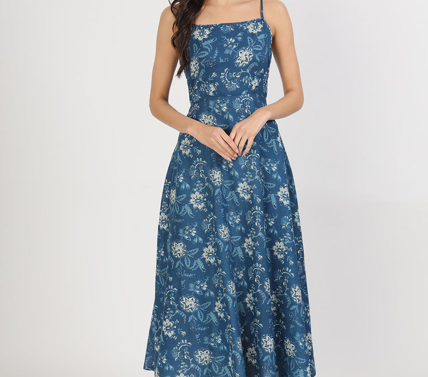 Divena Indigo Blue Cotton Long Dress for Women