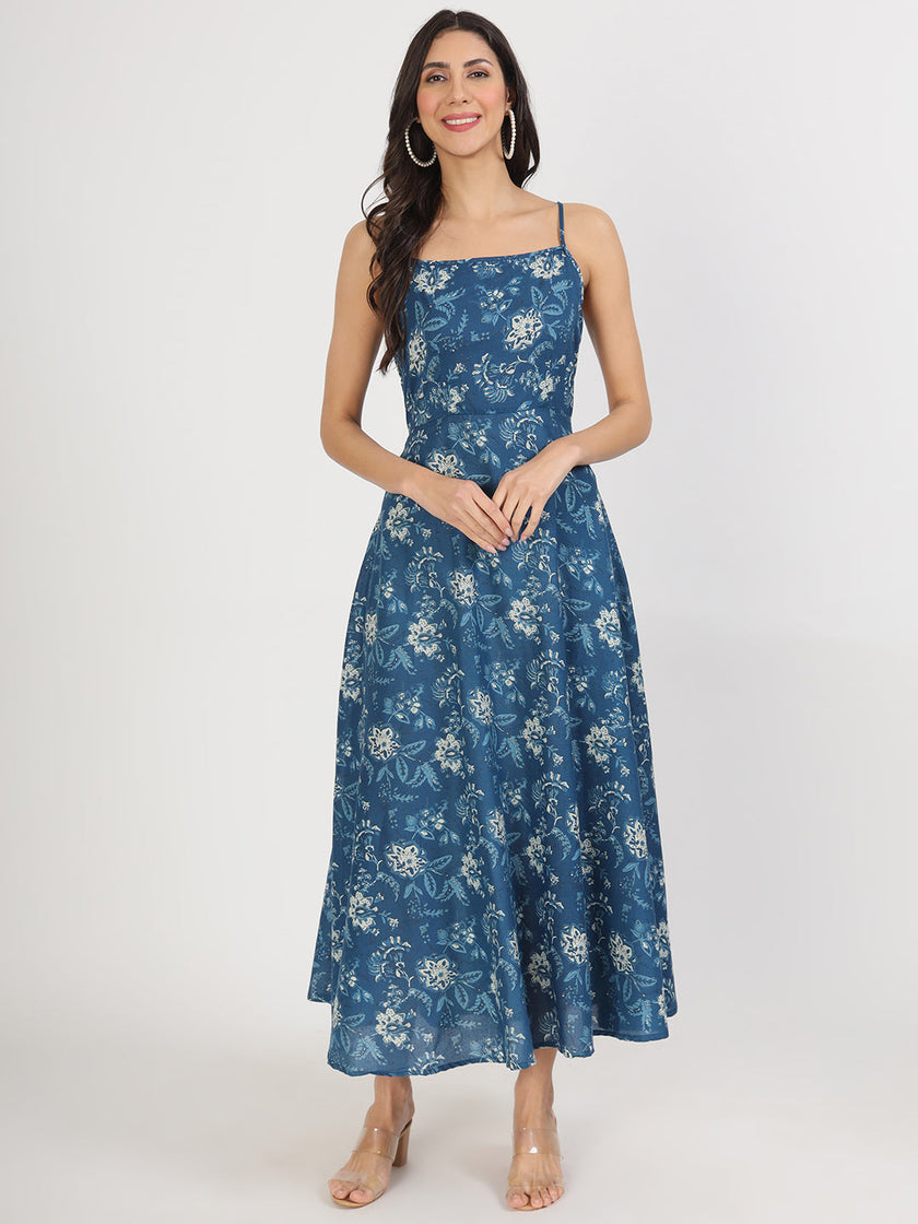 Divena Indigo Blue Cotton Long Dress for Women